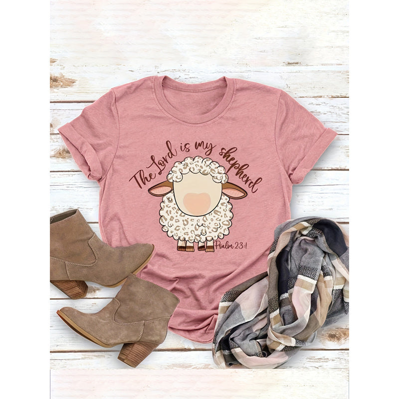 Women's Round Neck Graphic Print Short Sleeve T-Shirt Cute Sheep & Food Quote Design Summer Top