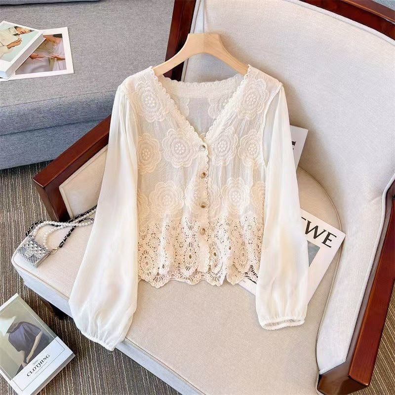 New French Style Summer Hollow-out Shirt Stitching Flying Sleeves Top