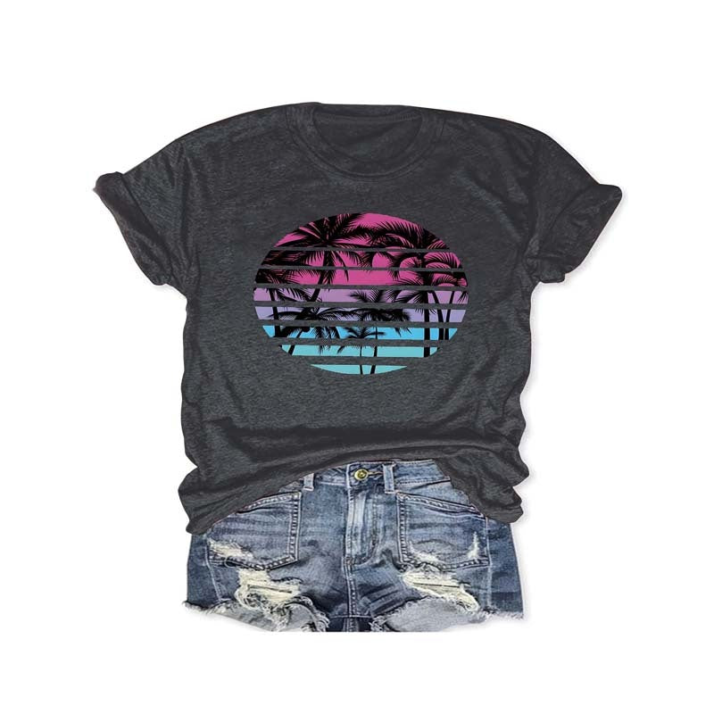 Women's Round Neck Tropical Palm Sunset Print Short Sleeve T-Shirt Casual Summer Vacation Top