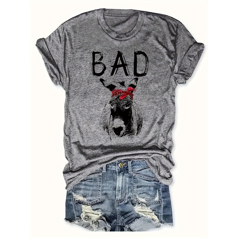 Women's Animal Letter Print Casual Short Sleeve T-Shirt Round Neck Summer Tee