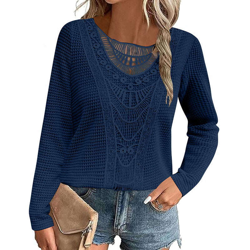 Women's Lace Trim Round Collar Long Sleeves T-Shirt, Breathable Stretch Casual Top For Spring Autumn Blouse & Daily Chic