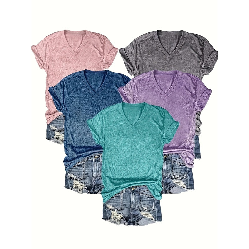 5-Pack Basic V-Neck T-Shirts For Women Summer Soild Color Short Sleeve Everyday Tees
