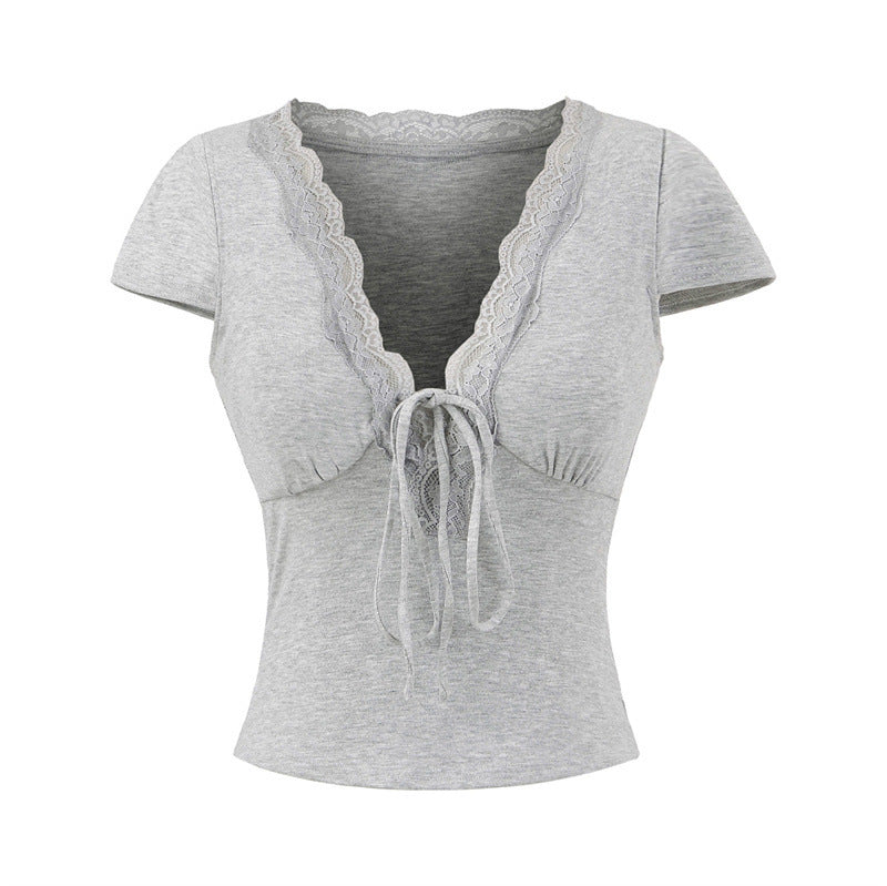 European And American Style Slim Chest Pad Lace V-neck Short Sleeve