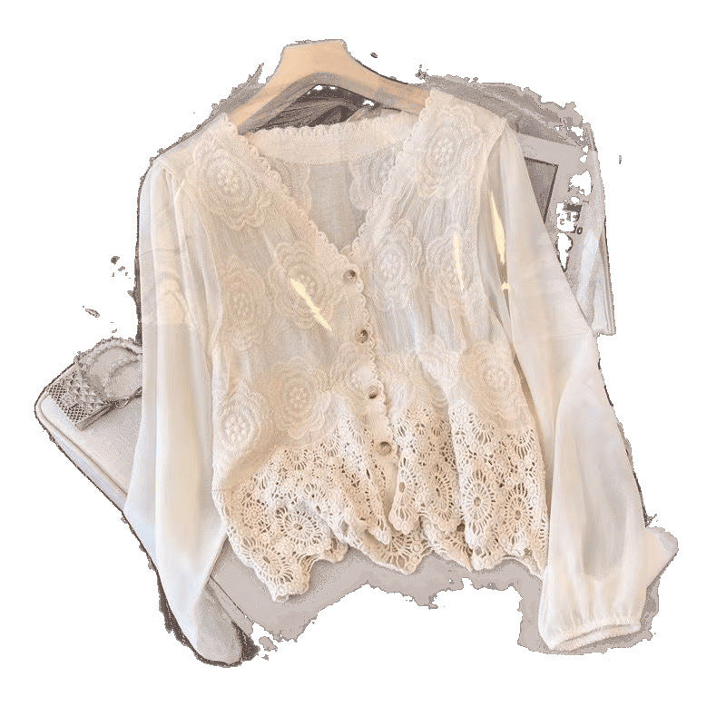 New French Style Summer Hollow-out Shirt Stitching Flying Sleeves Top