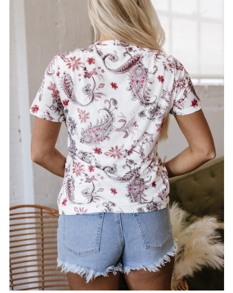 White Vintage Paisley Mock Neck T Shirt