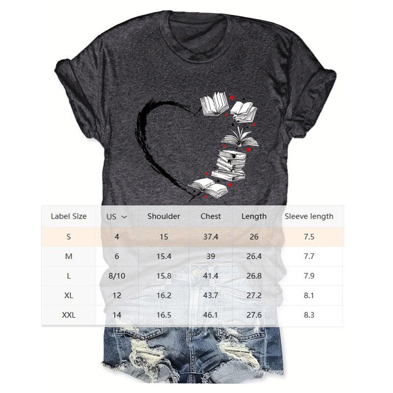 Women's Heart & Book Print T-shirt Casual Short Sleeve Crew Neck Top For Spring & Summer