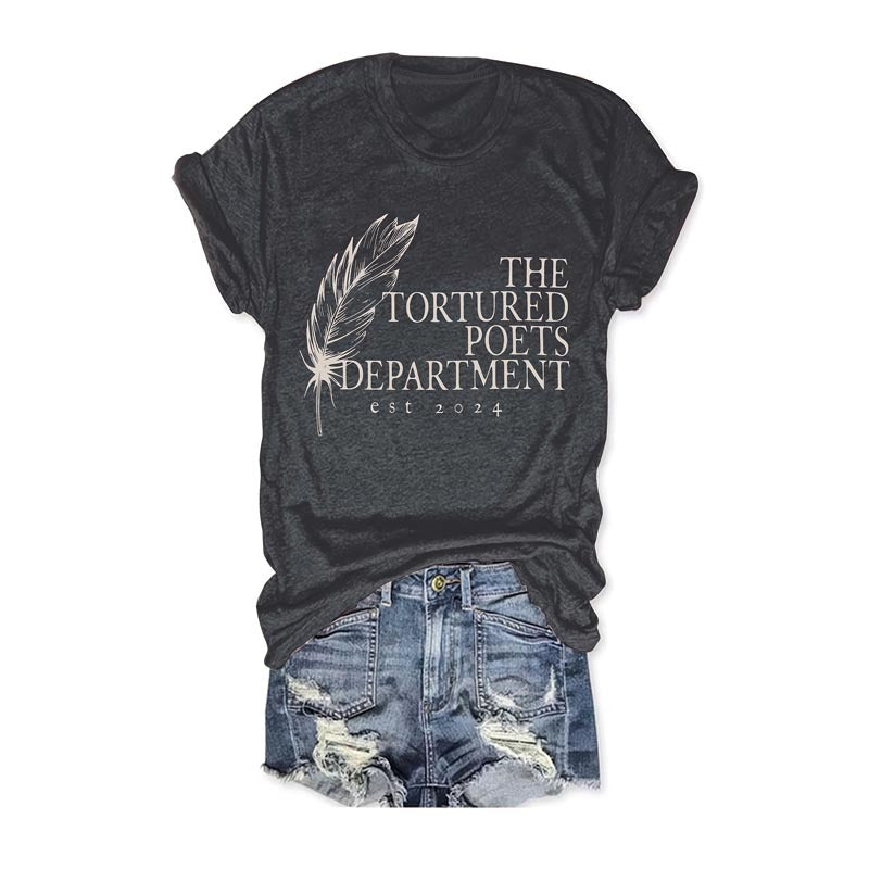 Women's Round Neck Feather & Letter Print T-Shirt Casual Short Sleeve Summer Top