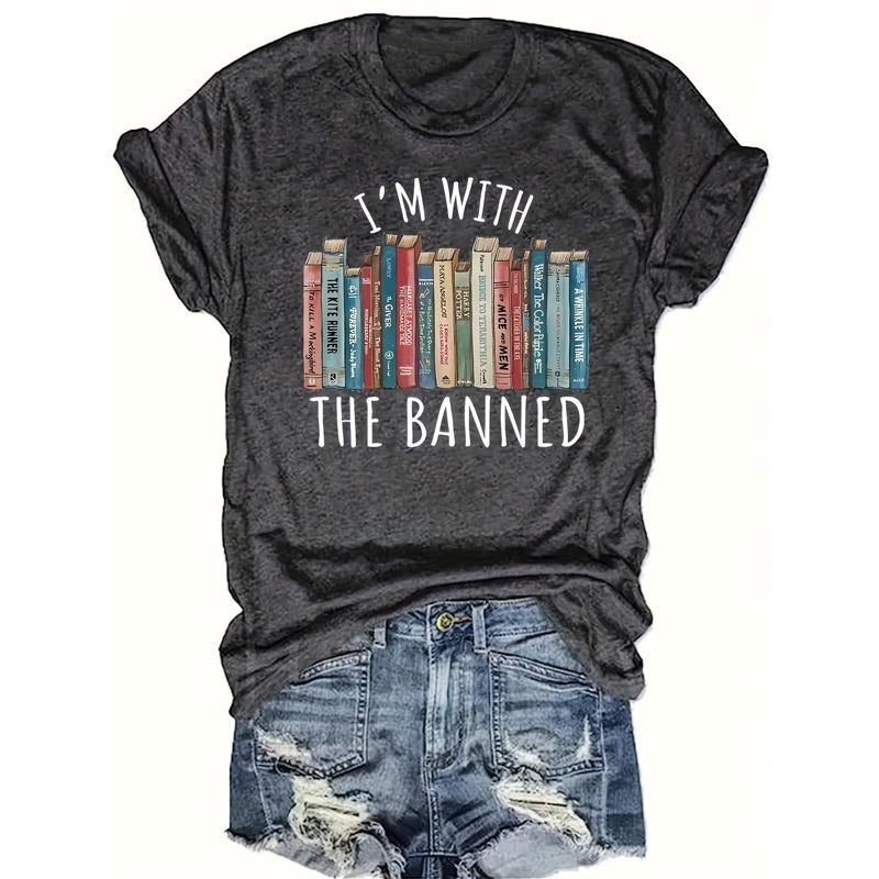 Women's Casual T-Shirt With 'I'M With THE BANNED' Letter & Book Print Round Neck For Summer