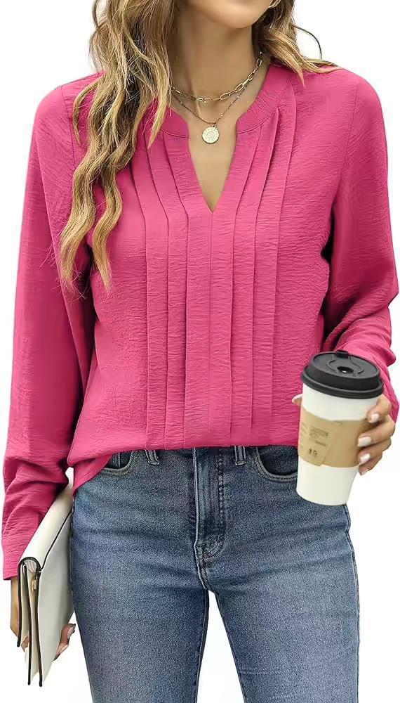Temperament Commute Long Sleeve Solid Color Sweet Top Women's V-neck Design