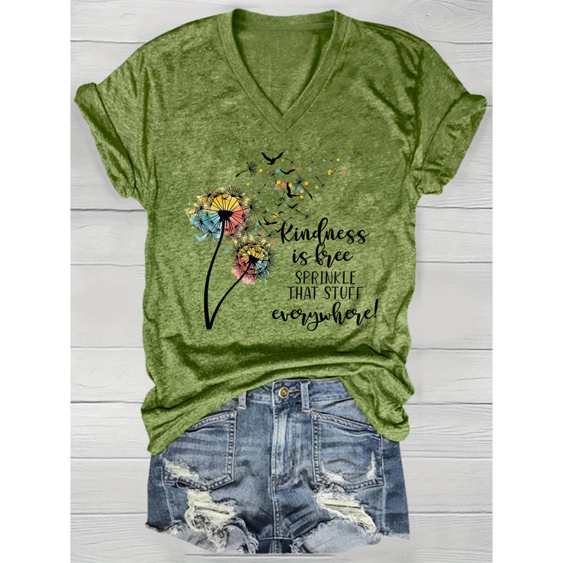 Women's V-Neck Dandelion & Slogan Print Short Sleeve T-Shirt Casual Summer Top