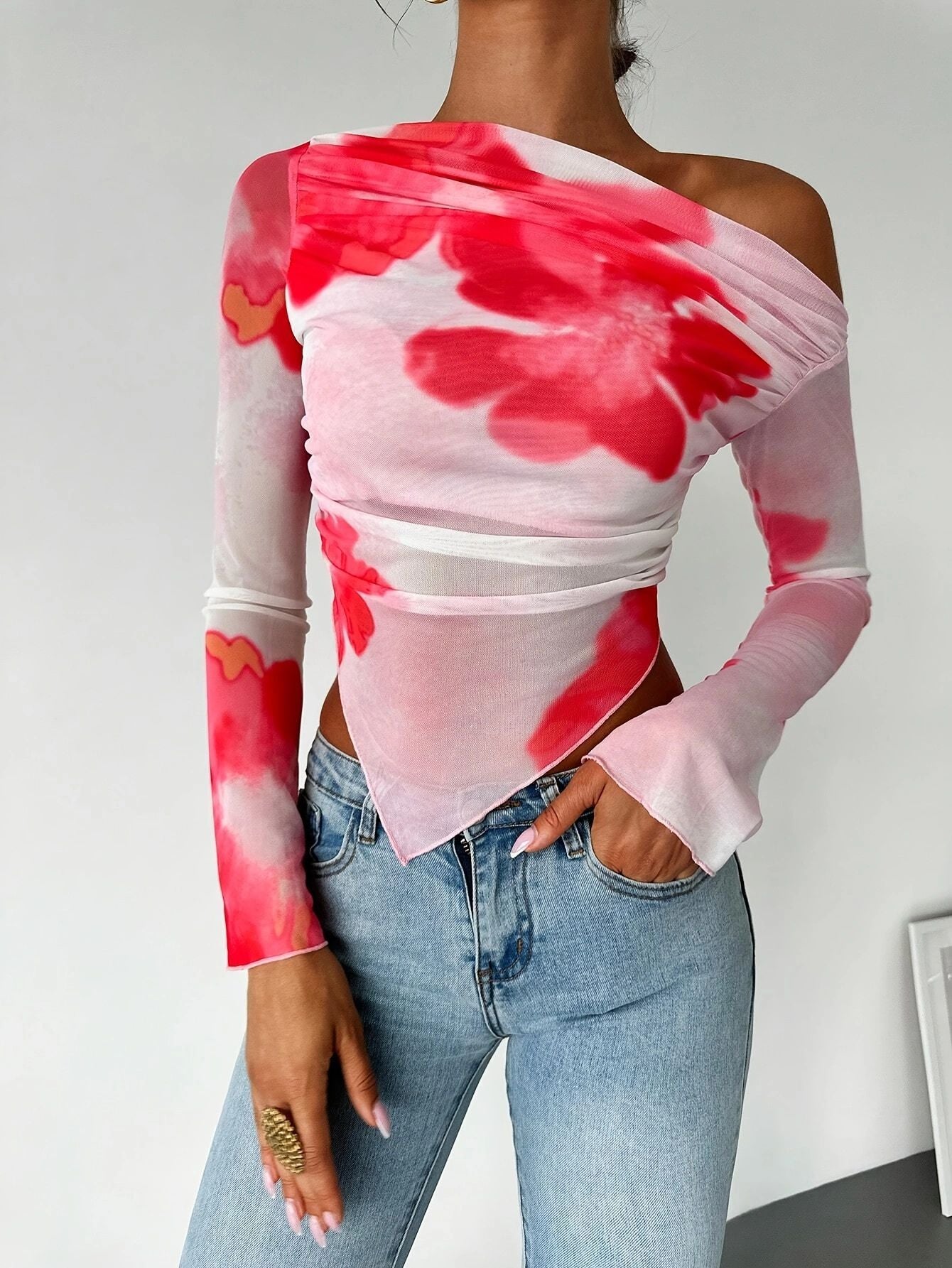 Women's Tie-dye Gradient Floral Mesh Floral Print Top