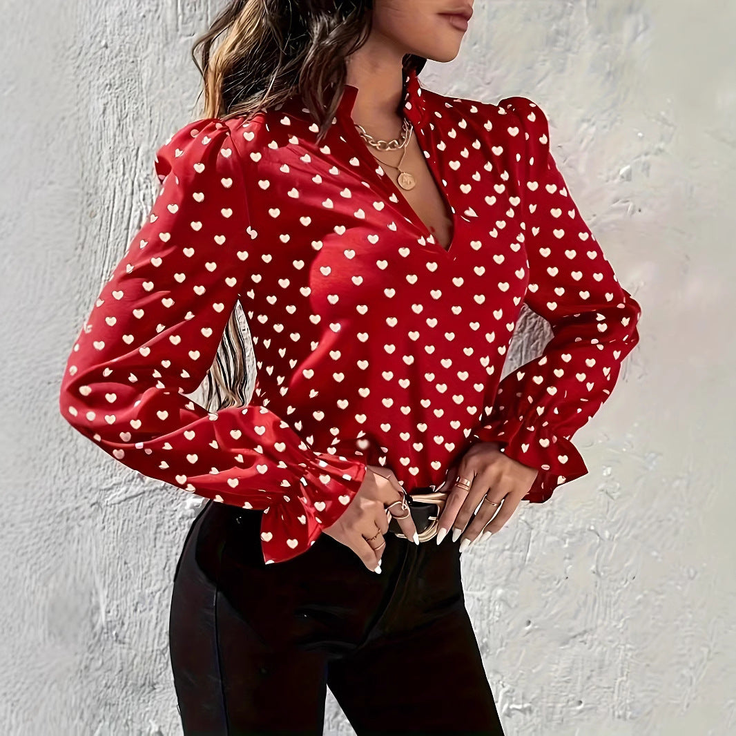 Women's Stand Collar Heart Shape Printed Shirt