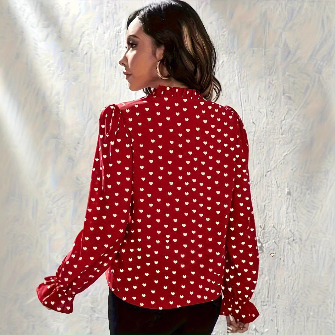 Women's Stand Collar Heart Shape Printed Shirt