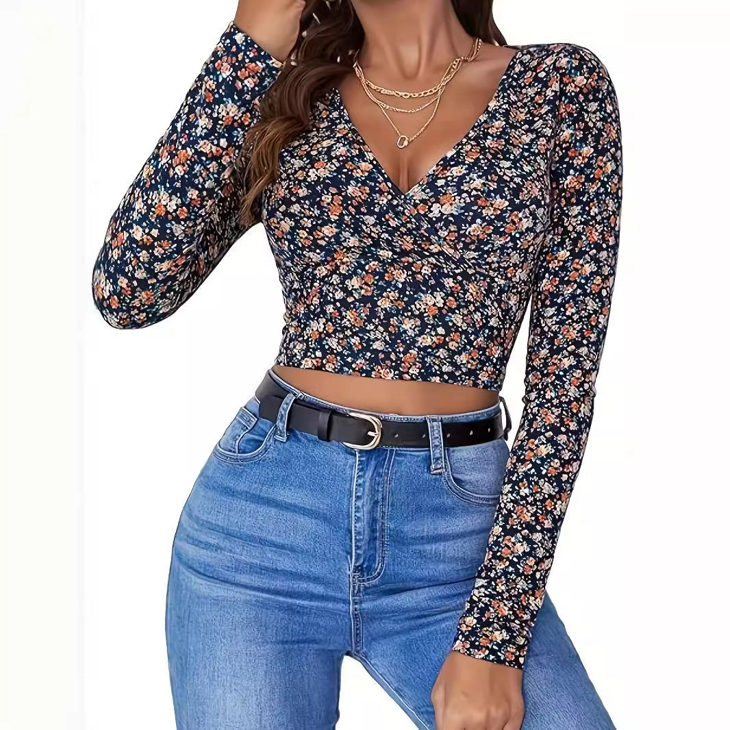 Women's Printed V-neck Top Long Sleeve