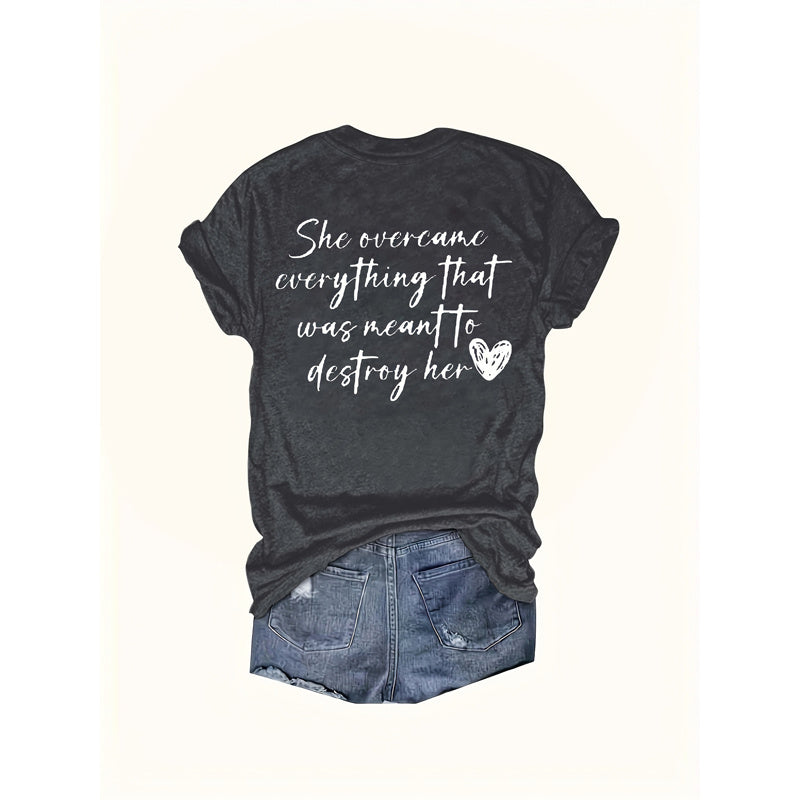 Women's Heart & Letter Print Crew Neck T-Shirt, Casual Short Sleeve Top For Spring & Summer