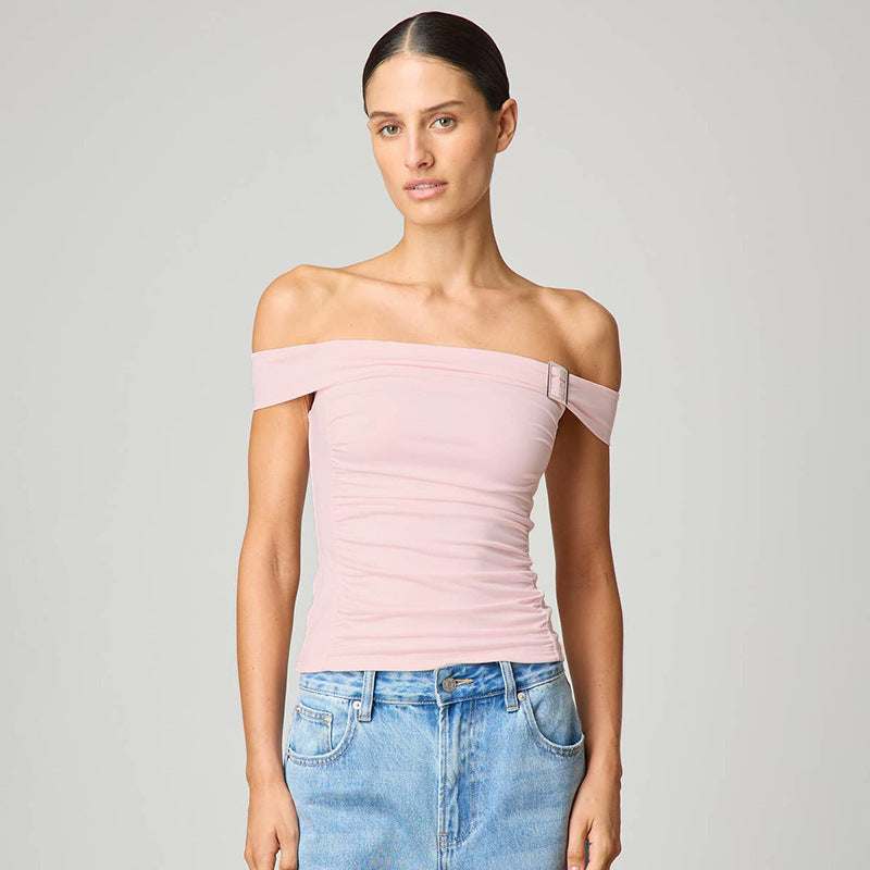 Solid Color Off-neck Pleated Slim Vest T-shirt