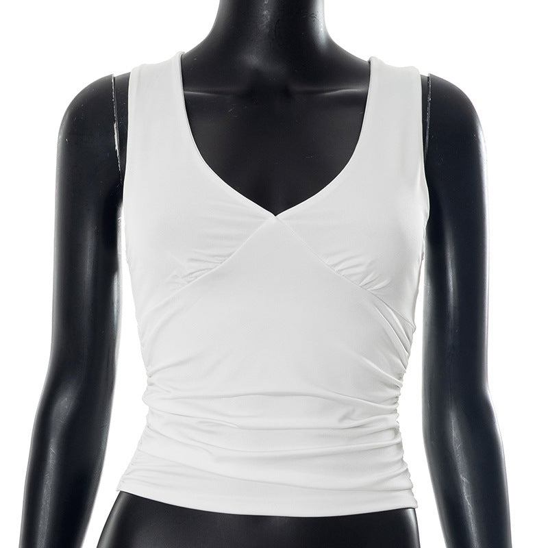 European And American Solid Color And V-neck Pleated Sexy Vest Top For Women