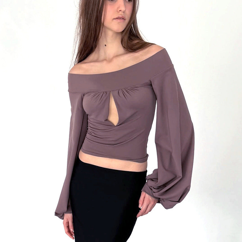 European And American-style Off-neck Lantern Sleeve Hollow-out Top For Women