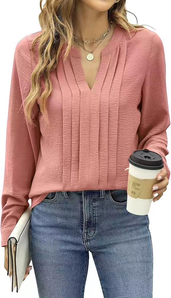 Temperament Commute Long Sleeve Solid Color Sweet Top Women's V-neck Design