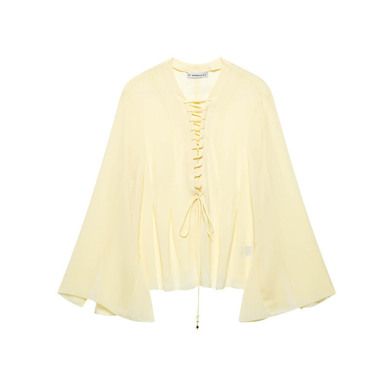 Solid Color Wide Sleeve Lace-up Decorative Chiffon Top