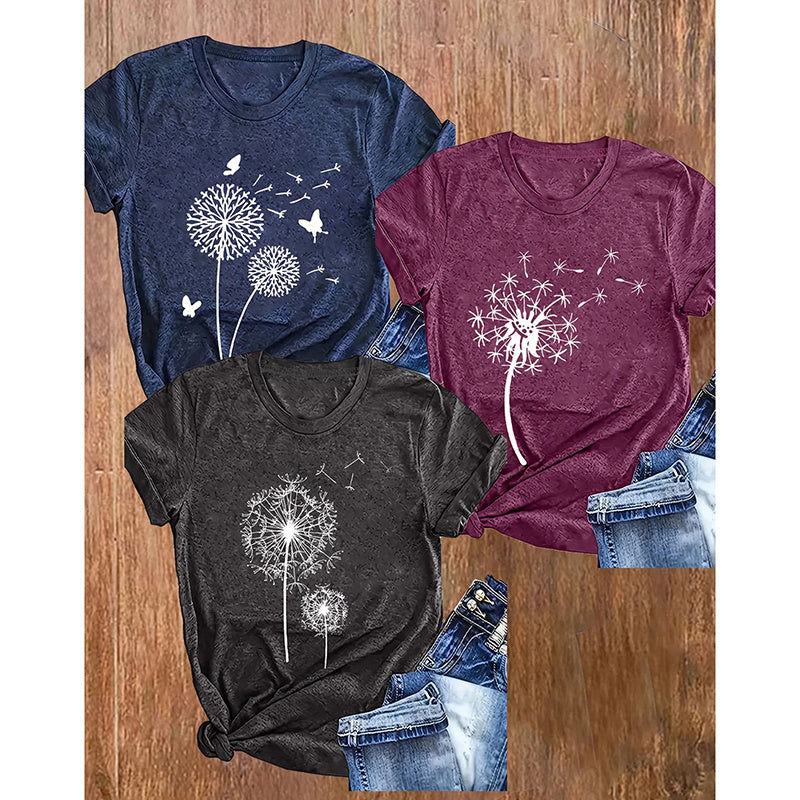Women's 3 Pack Cute Floral Graphic Tees Short Sleeve Casual Tee Tops Crewneck T Shirts