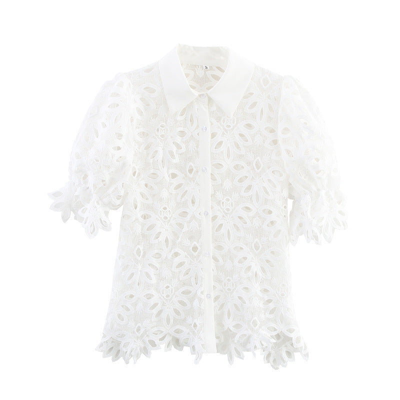European And American Style Solid Color Water-soluble Embroidery Lapel Puff Sleeve Short Sleeve