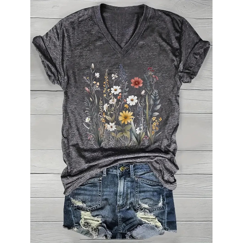 Women's Boho Flower T Shirt Vintage Colorful Wildflower Graphic Tee Casual Botanical Short Sleeve