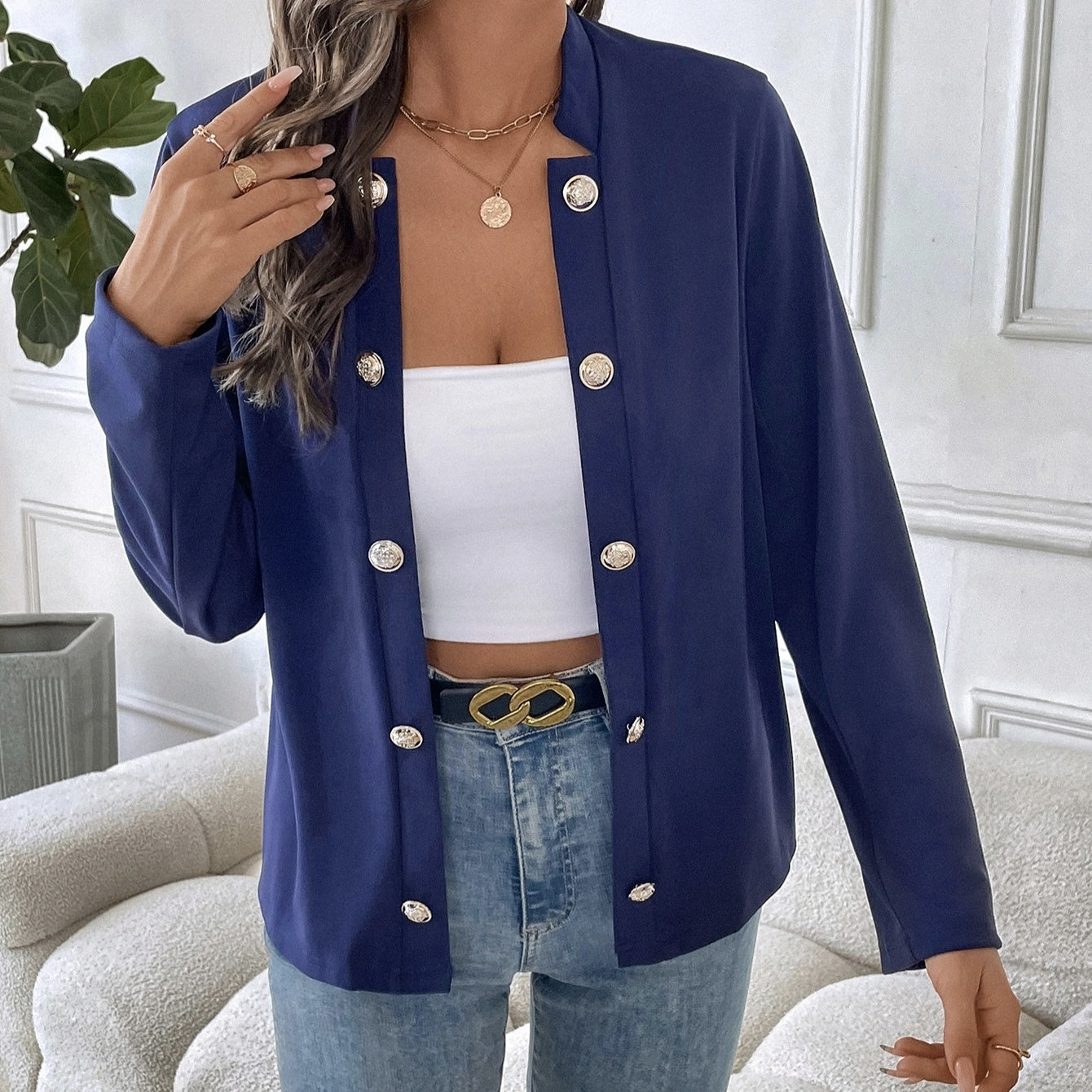 Women's Solid Color Button Design Simple And Fashionable Versatile Suit Jacket