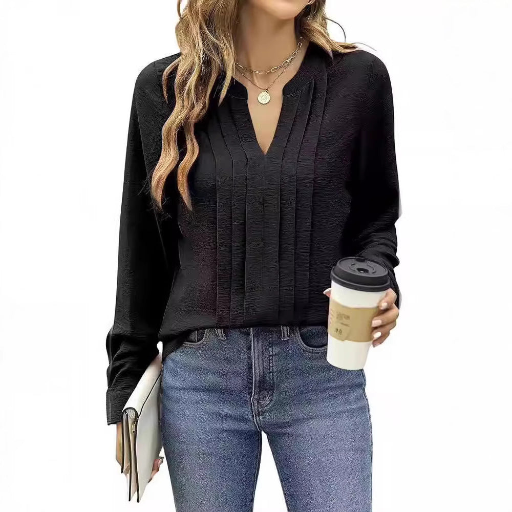 Temperament Commute Long Sleeve Solid Color Sweet Top Women's V-neck Design