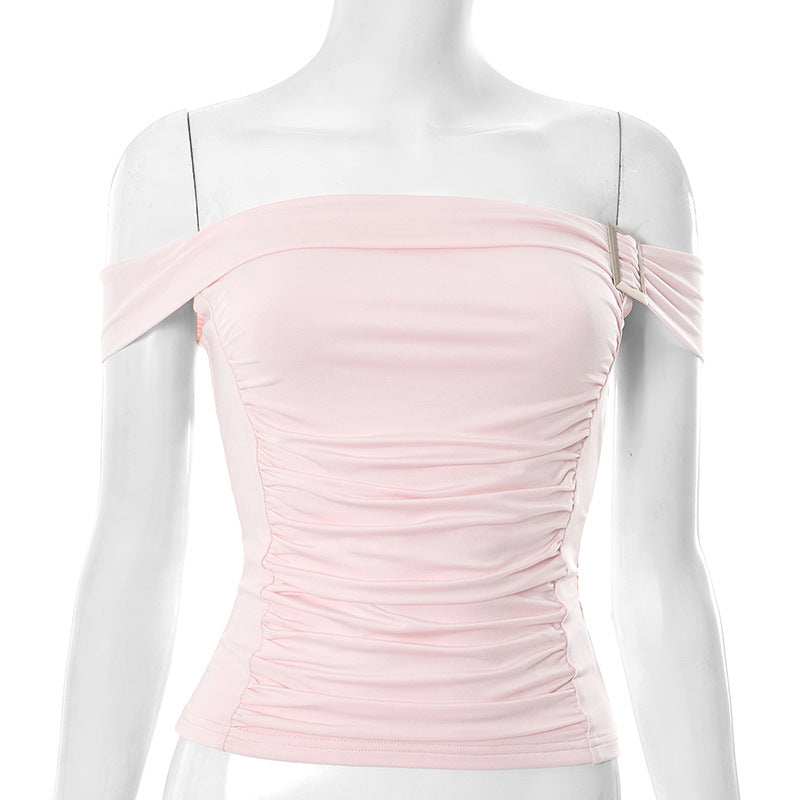 Solid Color Off-neck Pleated Slim Vest T-shirt