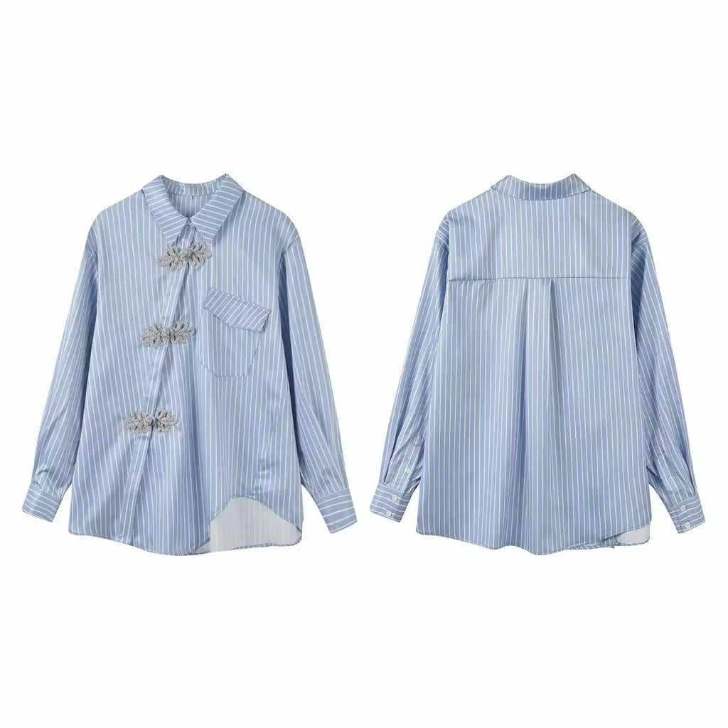 New Chinese Style High-grade Irregular Blue Shirt For Women