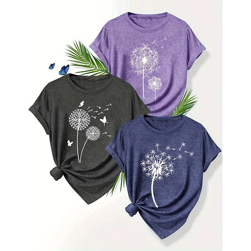 Women's 3 Pack Cute Floral Graphic Tees Short Sleeve Casual Tee Tops Crewneck T Shirts