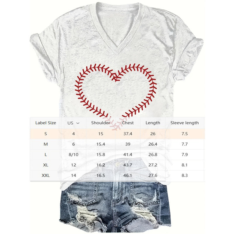 Women's Baseball Heart Graphic V-Neck T-Shirt Short Sleeve Casual Summer Tee
