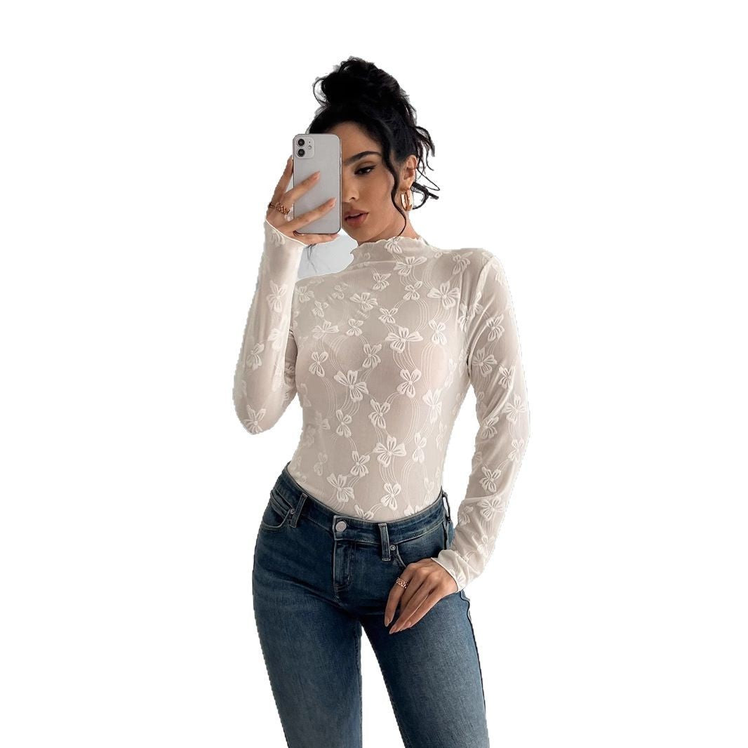 Butterfly Jacquard Mesh Slim Fit Stand-up Collar Long-sleeved