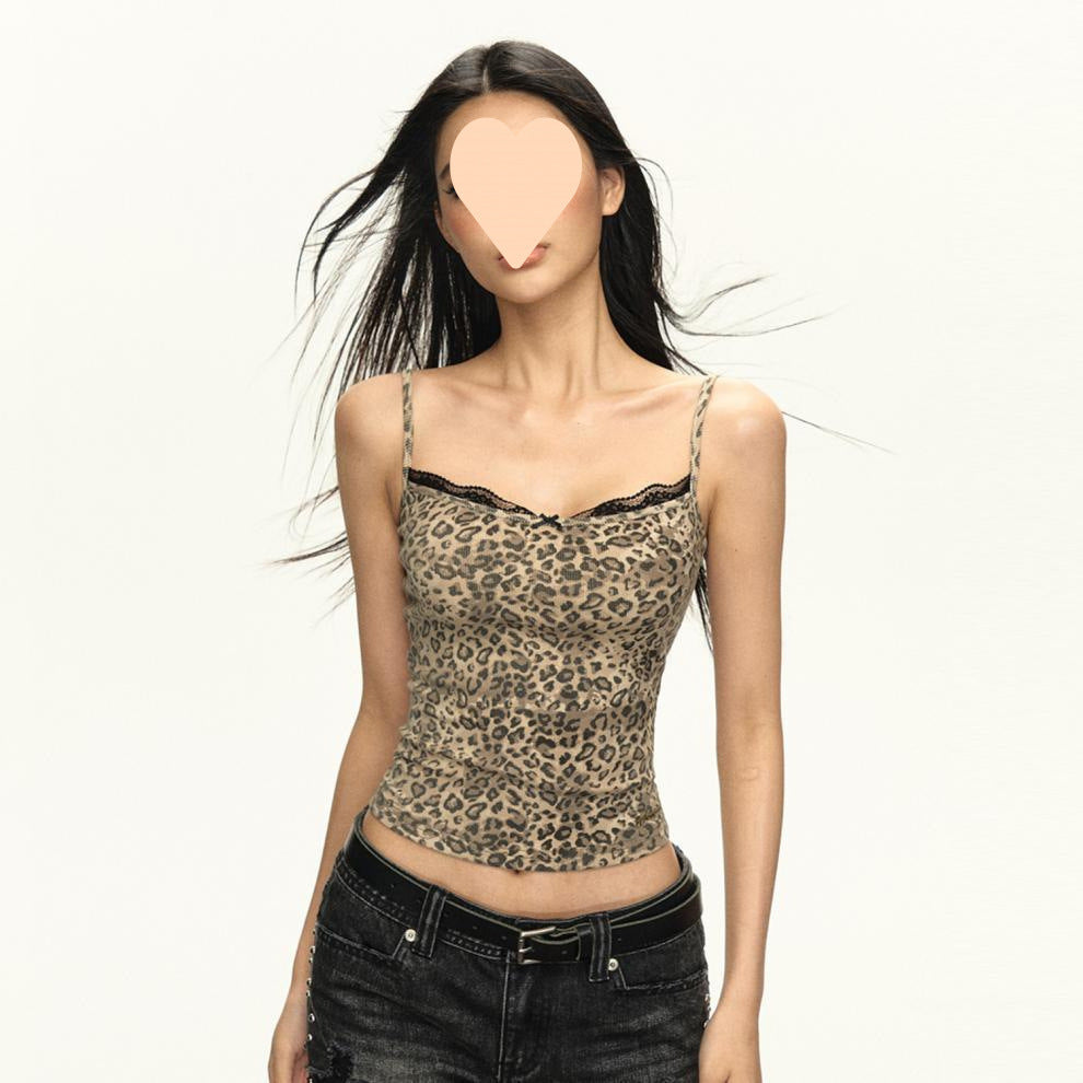 Women's American Vintage Leopard Print Lace Spaghetti-strap Camisole Top