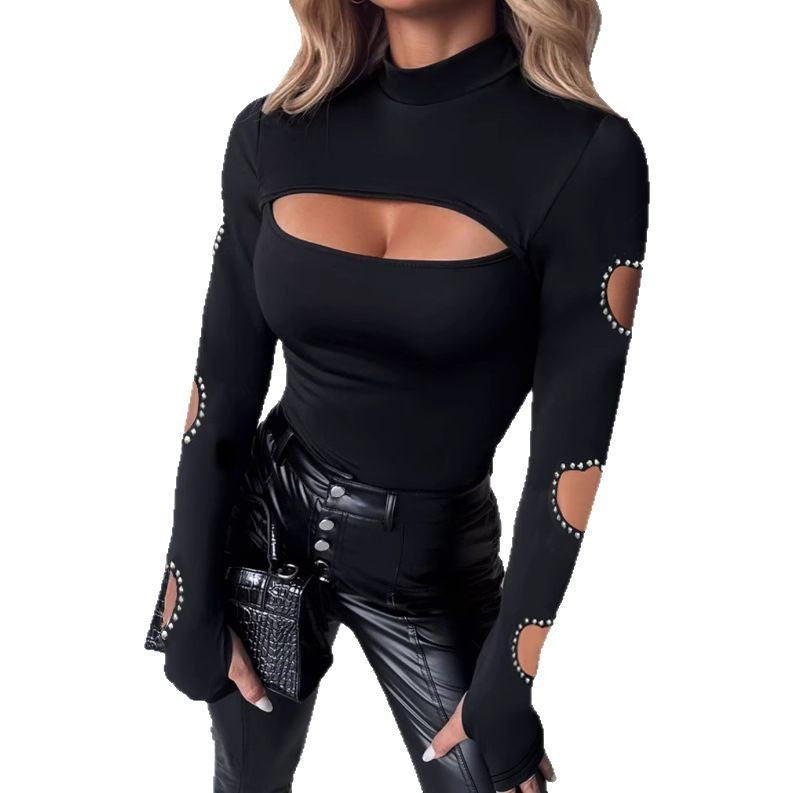New Slim Fit Hollowed Heart Shape Long Sleeve Top Women's Clothing