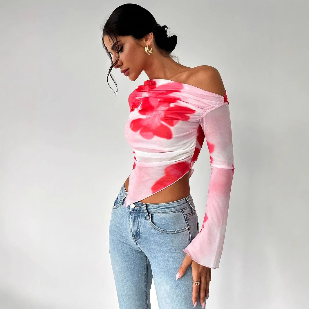 Women's Tie-dye Gradient Floral Mesh Floral Print Top