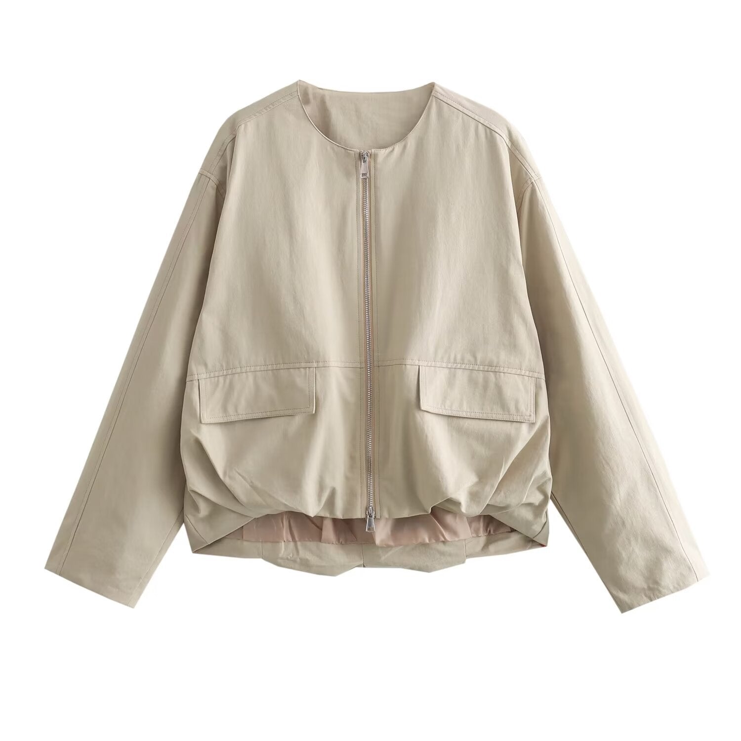 Zipped Round Neck Cargo Pocket Baggy Coat Women