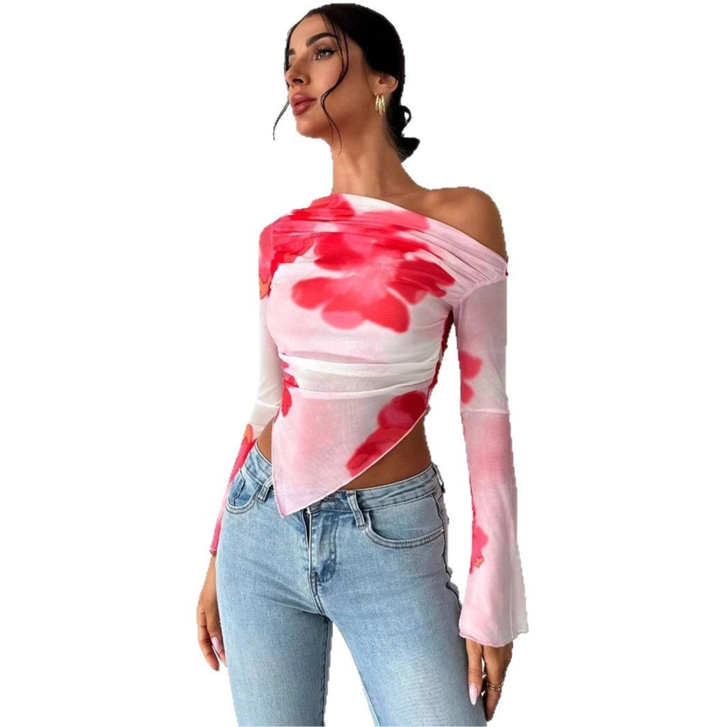 Women's Tie-dye Gradient Floral Mesh Floral Print Top