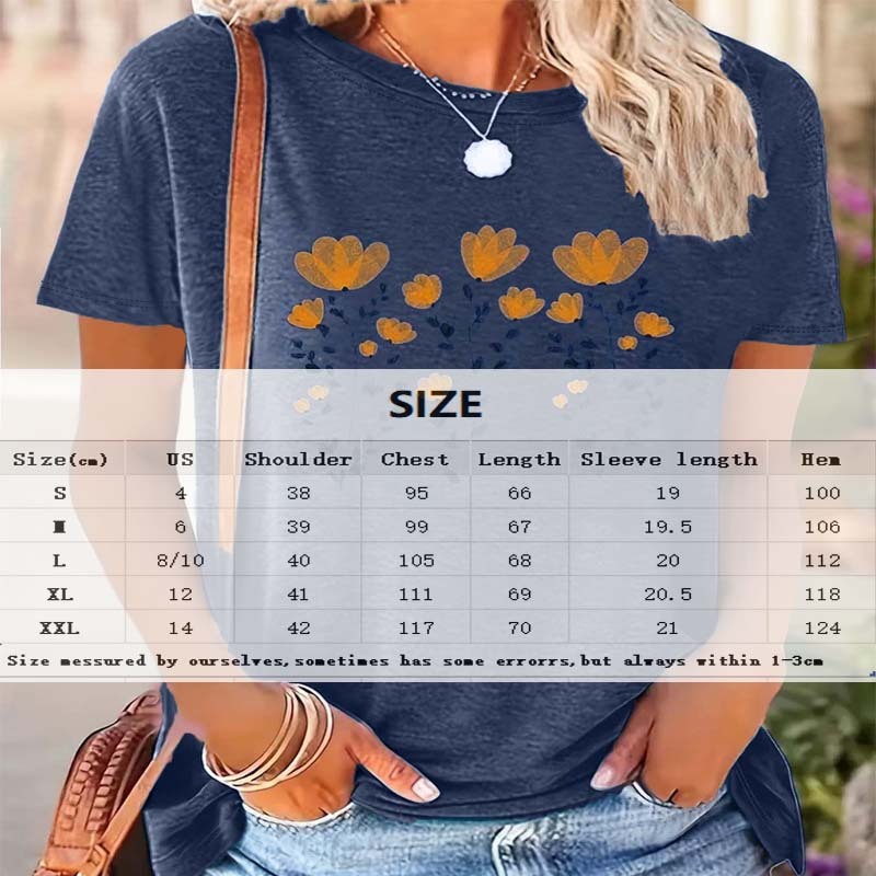 Women's Yellow Floral Print Short Sleeve Tee - Summer Round Neck Casual Top