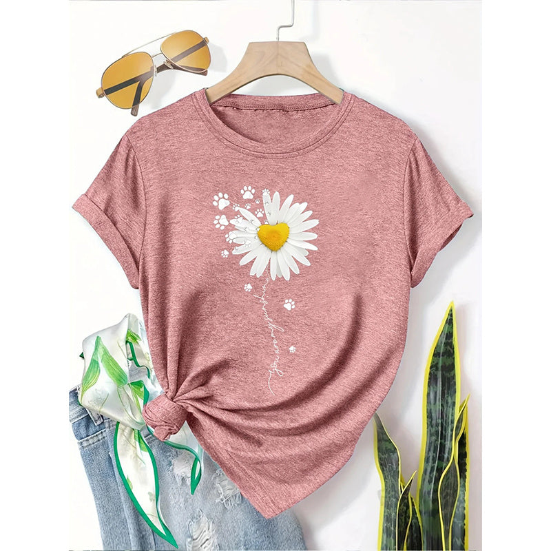 Women's 3 Pack Cute Floral Graphic Tees Short Sleeve Casual Tee Tops Crewneck T Shirts