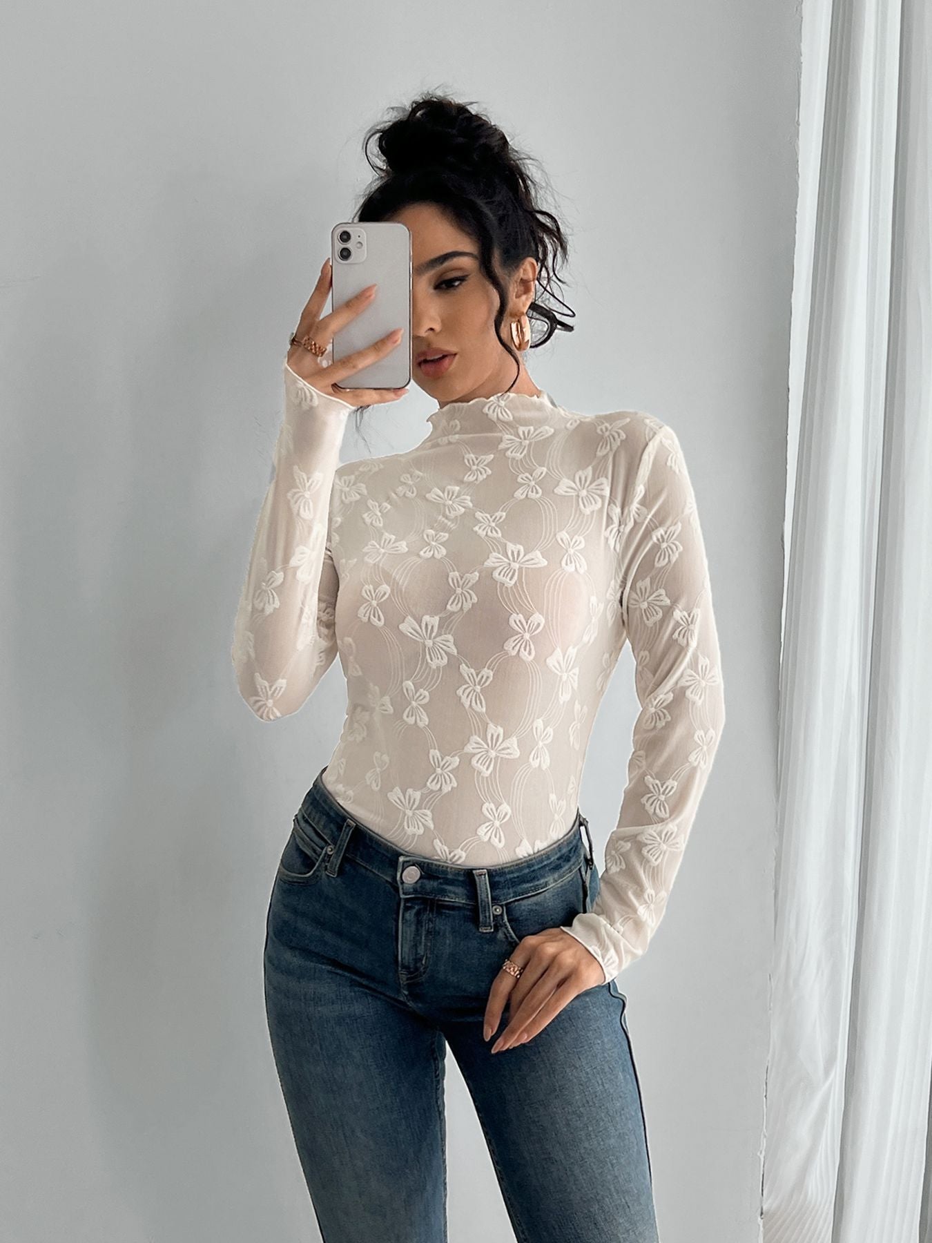 Butterfly Jacquard Mesh Slim Fit Stand-up Collar Long-sleeved