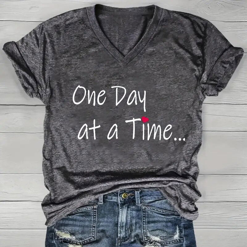Women's 'One Day At A Time' V-Neck T-Shirt - Inspirational Short Sleeve Summer Top