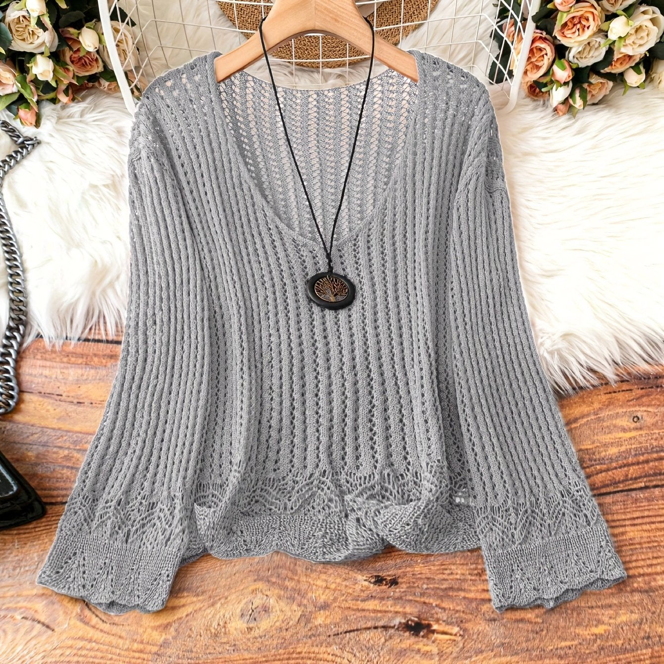 Hollow-out Spring And Summer Long Sleeves Knitted V-neck Plus Size Women's Long-sleeved Sweater