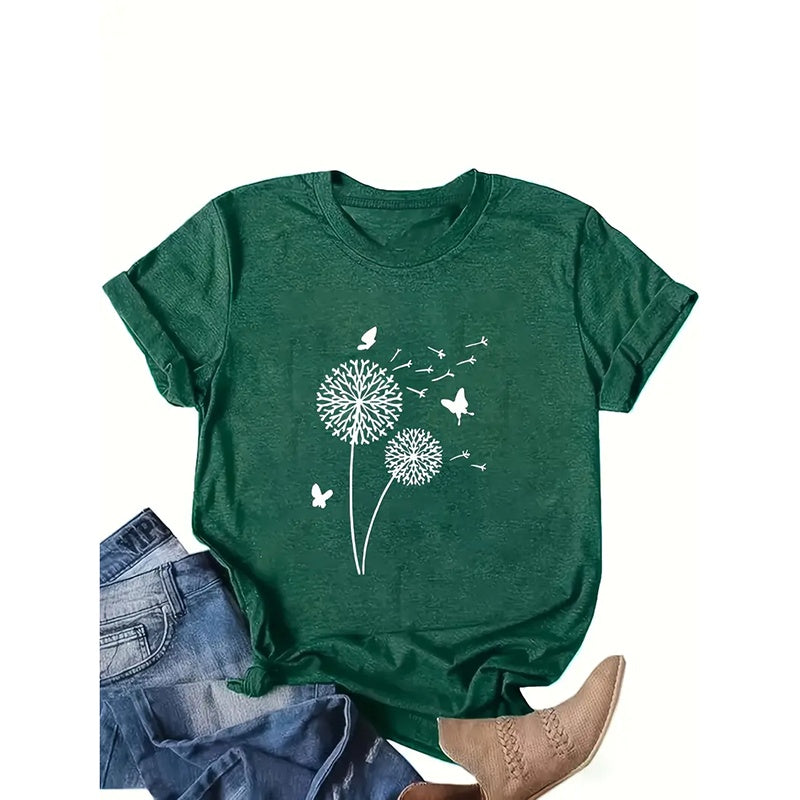 Women's Dandelion Print T Shirts Cute Graphic Tees Short Sleeve Summer Tee Tops