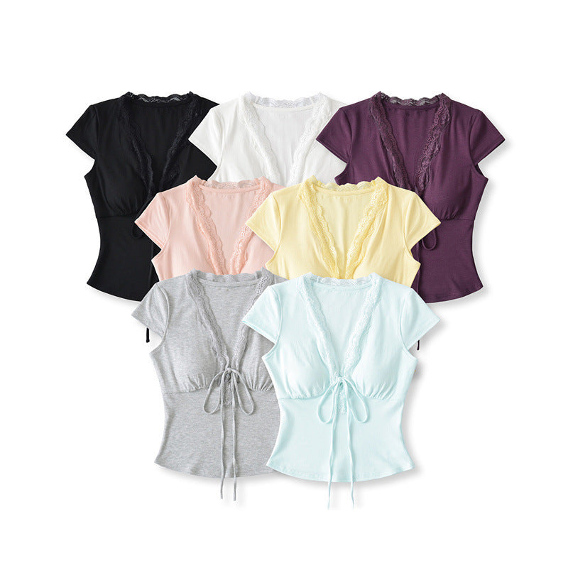 European And American Style Slim Chest Pad Lace V-neck Short Sleeve