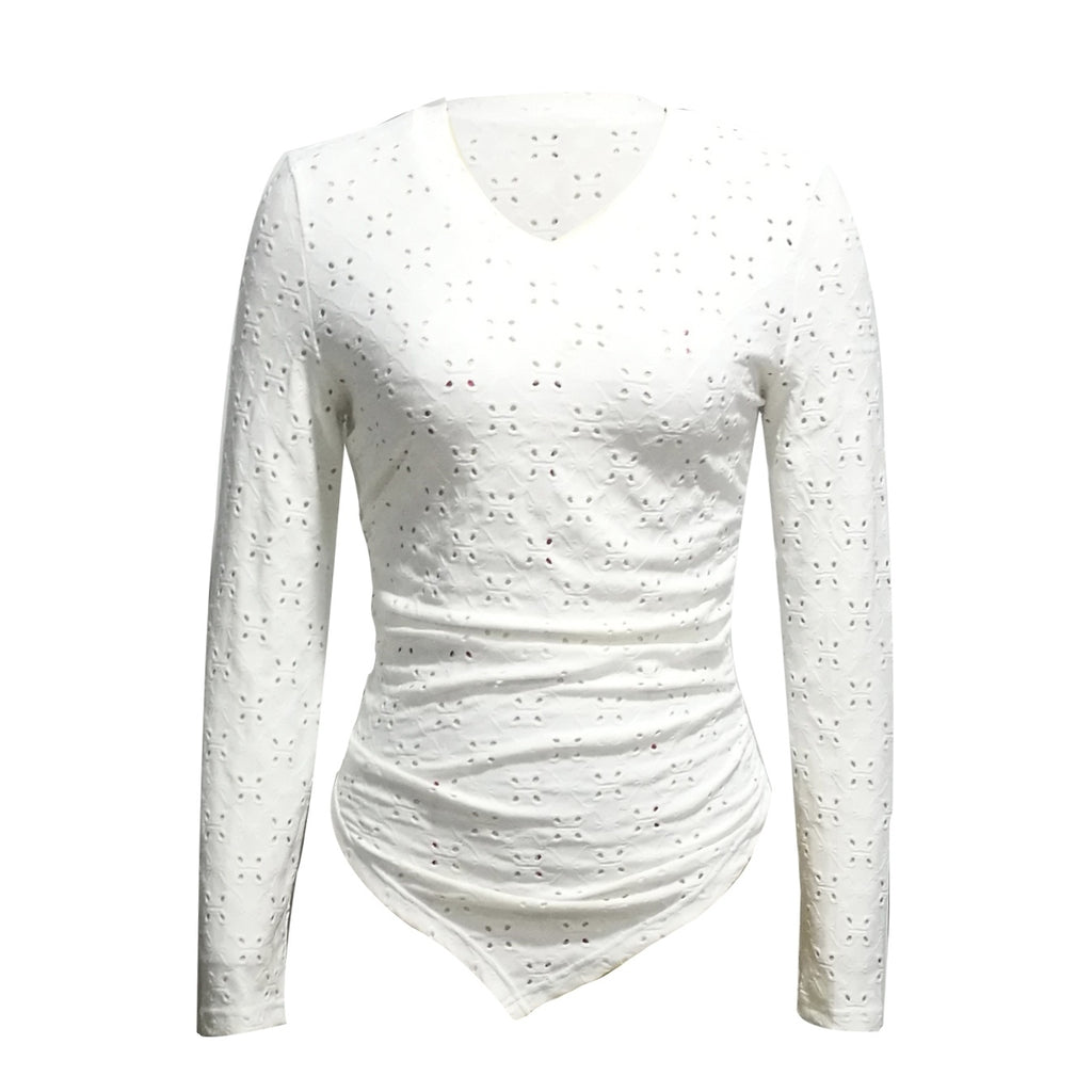 Ladies' Hollowed Out V-neck Fashionable Versatile Shopping Party Hem Irregular Design Elegant Long Sleeved T-shirt Top