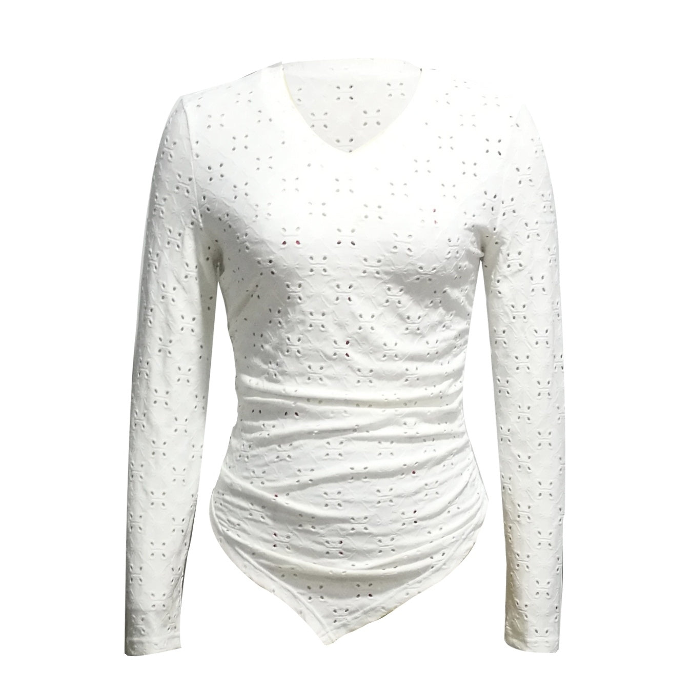 Ladies' Hollowed Out V-neck Fashionable Versatile Shopping Party Hem Irregular Design Elegant Long Sleeved T-shirt Top