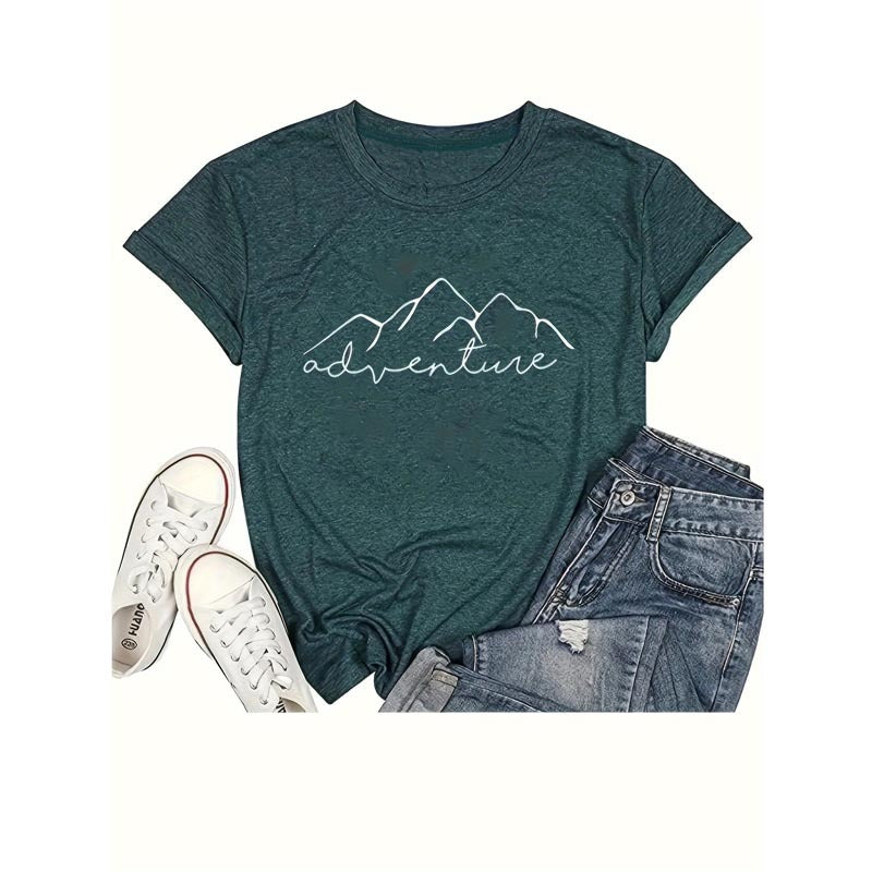 Women's Round Neck Mountain & 'Adventure' Print Casual T-Shirt Short Sleeve Summer Top