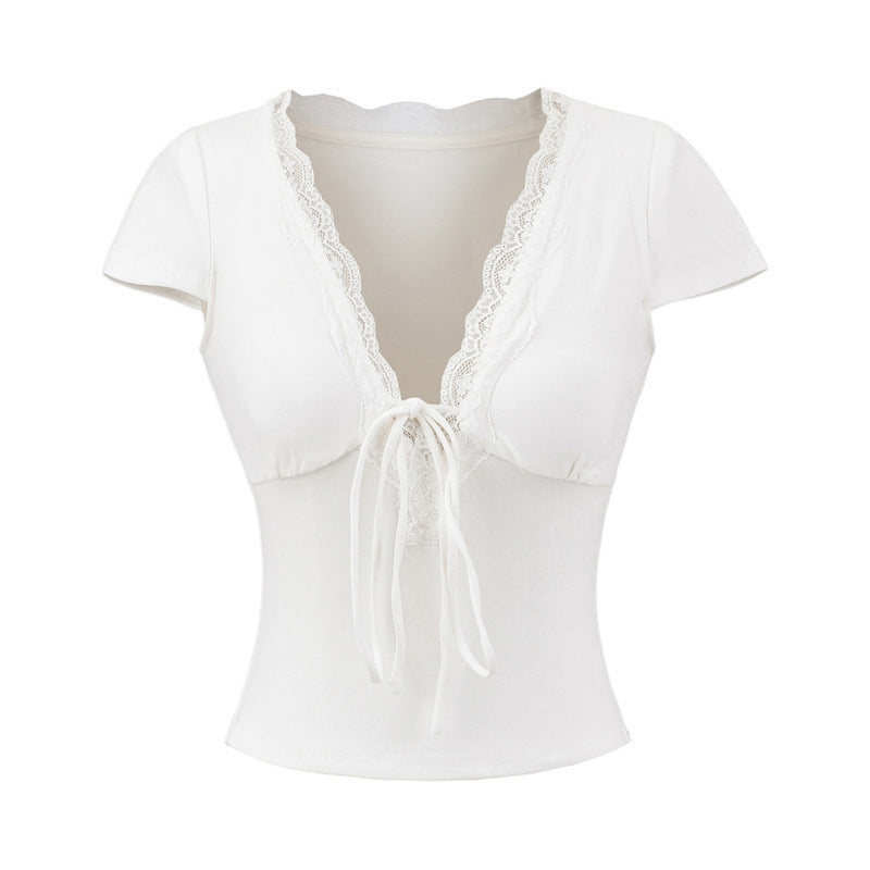 European And American Style Slim Chest Pad Lace V-neck Short Sleeve